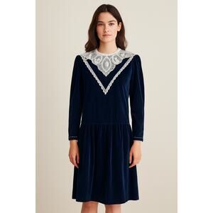 Gunne Sax Navy Blue Velvet Dress with Lace Collar Size M
